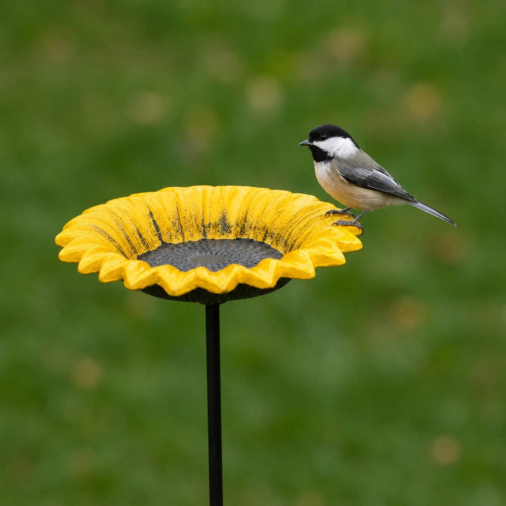 Sunflower Bird Feeder and Bath, Yellow Cast Iron Garden Stake, 30"