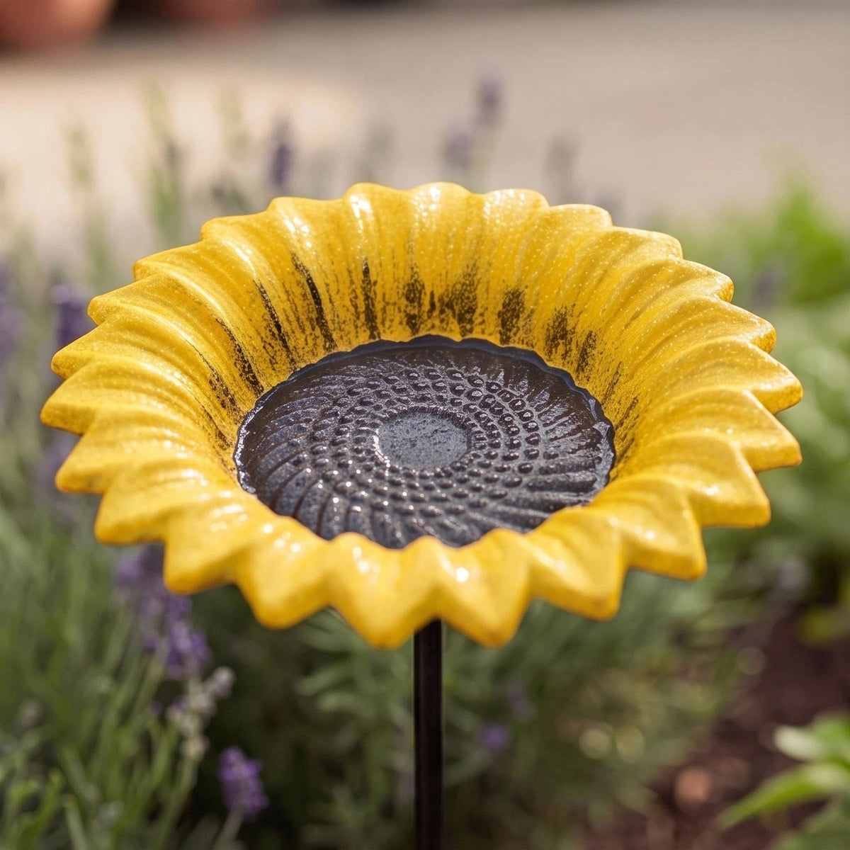 Sunflower Bird Feeder and Bath, Yellow Cast Iron Garden Stake, 30"