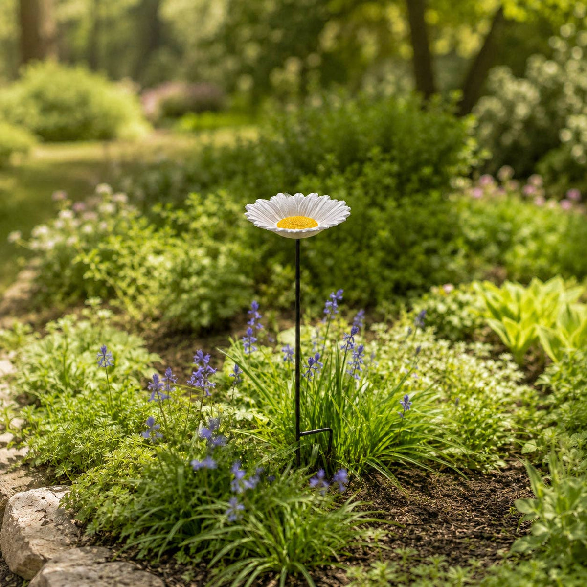 Daisy Bird Feeder and Bath, White Cast Iron Garden Stake, 28.5"
