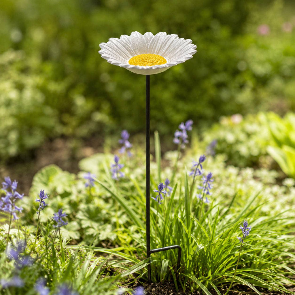 Daisy Bird Feeder and Bath, White Cast Iron Garden Stake, 28.5"