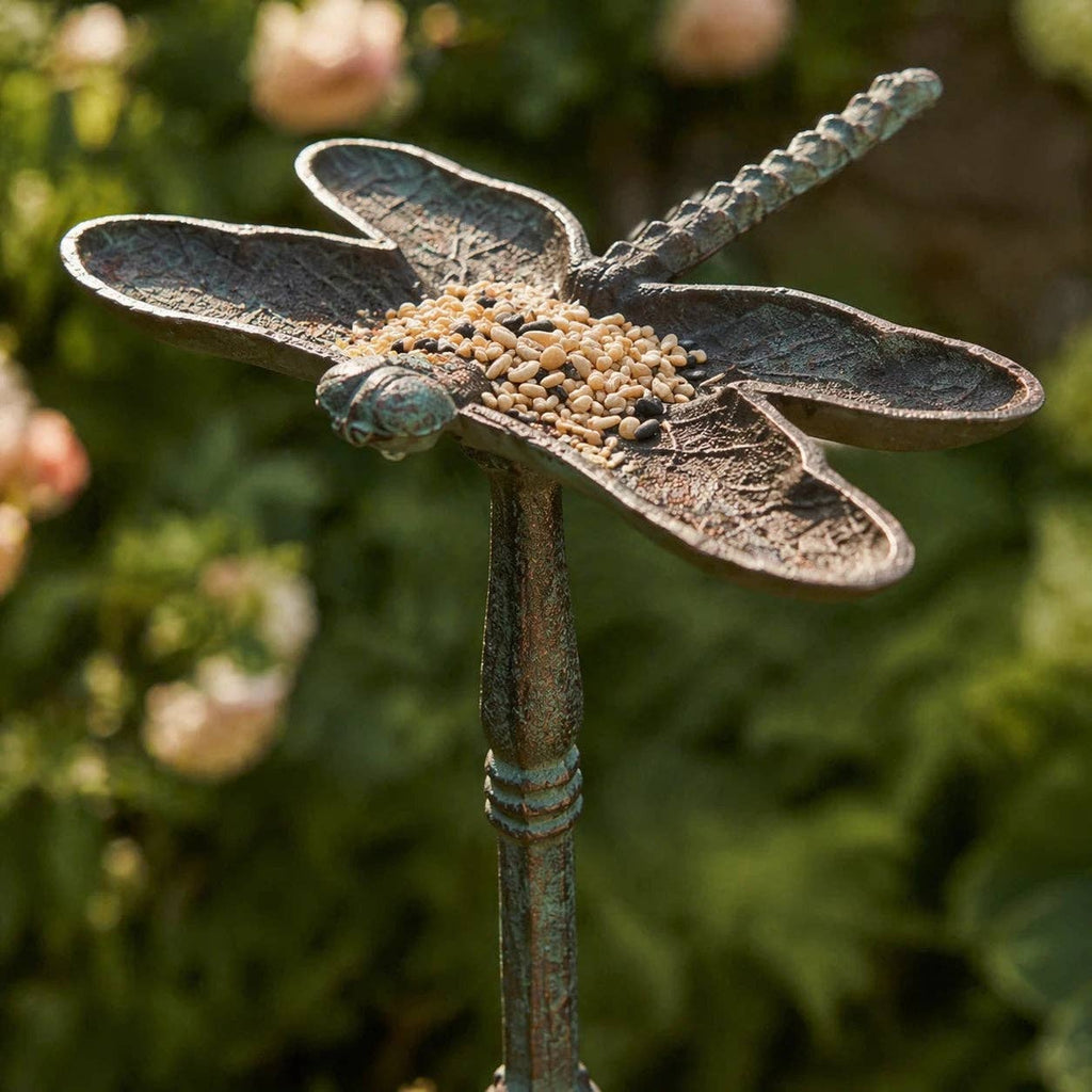 Dragonfly Bird Feeder, Cast Iron Pedestal for Patio or Garden, 16"