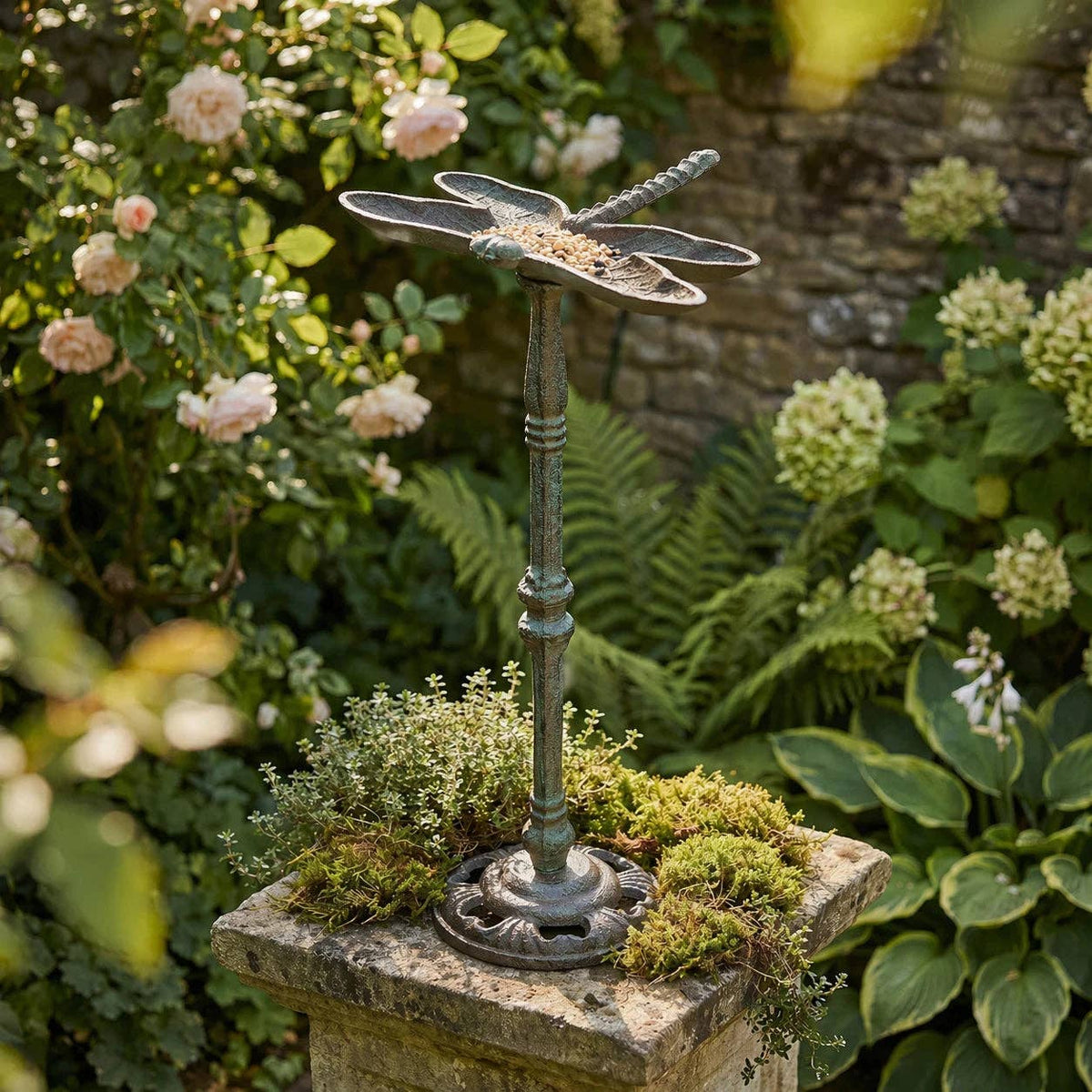 Dragonfly Bird Feeder, Cast Iron Pedestal for Patio or Garden, 16"