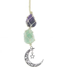 Hanging Rough Crystal String w/ Moon - Amethyst & Green Aventurine