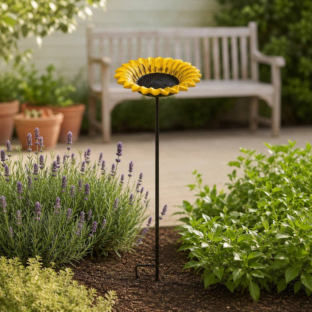 Sunflower Bird Feeder and Bath, Yellow Cast Iron Garden Stake, 30"
