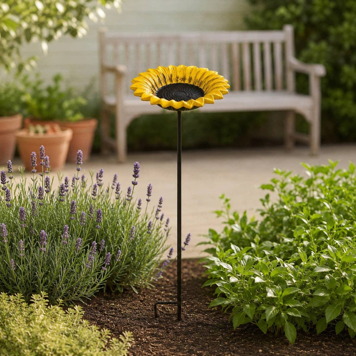 Sunflower Bird Feeder and Bath, Yellow Cast Iron Garden Stake, 30"