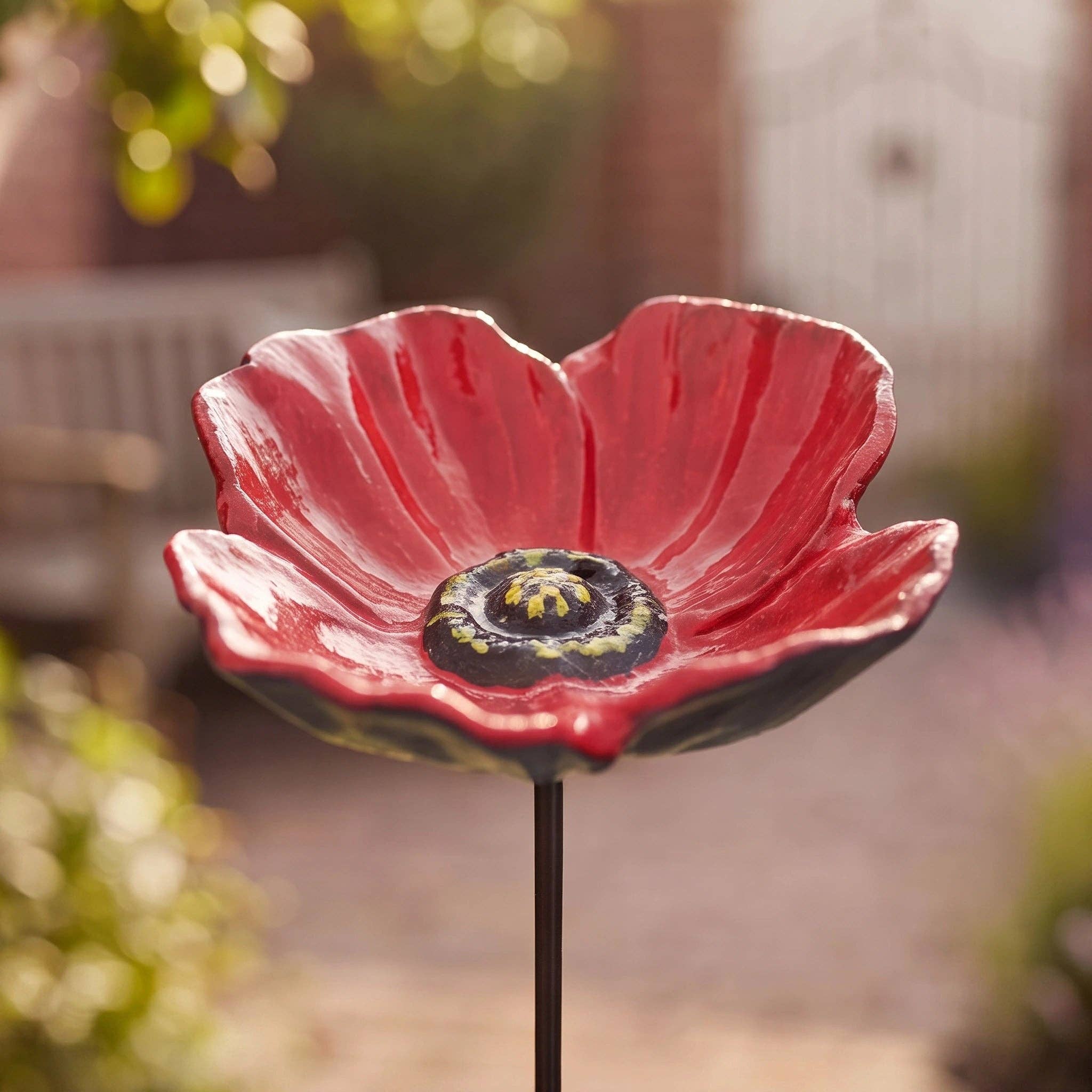 Poppy Bird Feeder and Bath, Red Cast Iron Garden Stake Outdoor Decor, 30"