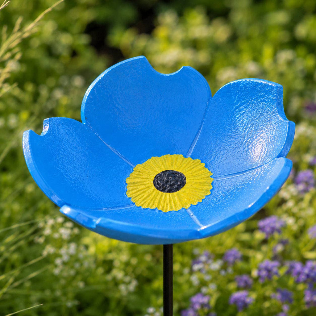 Forget-Me-Not Bird Feeder and Bath, Blue Cast Iron Garden Stake, 28.5"