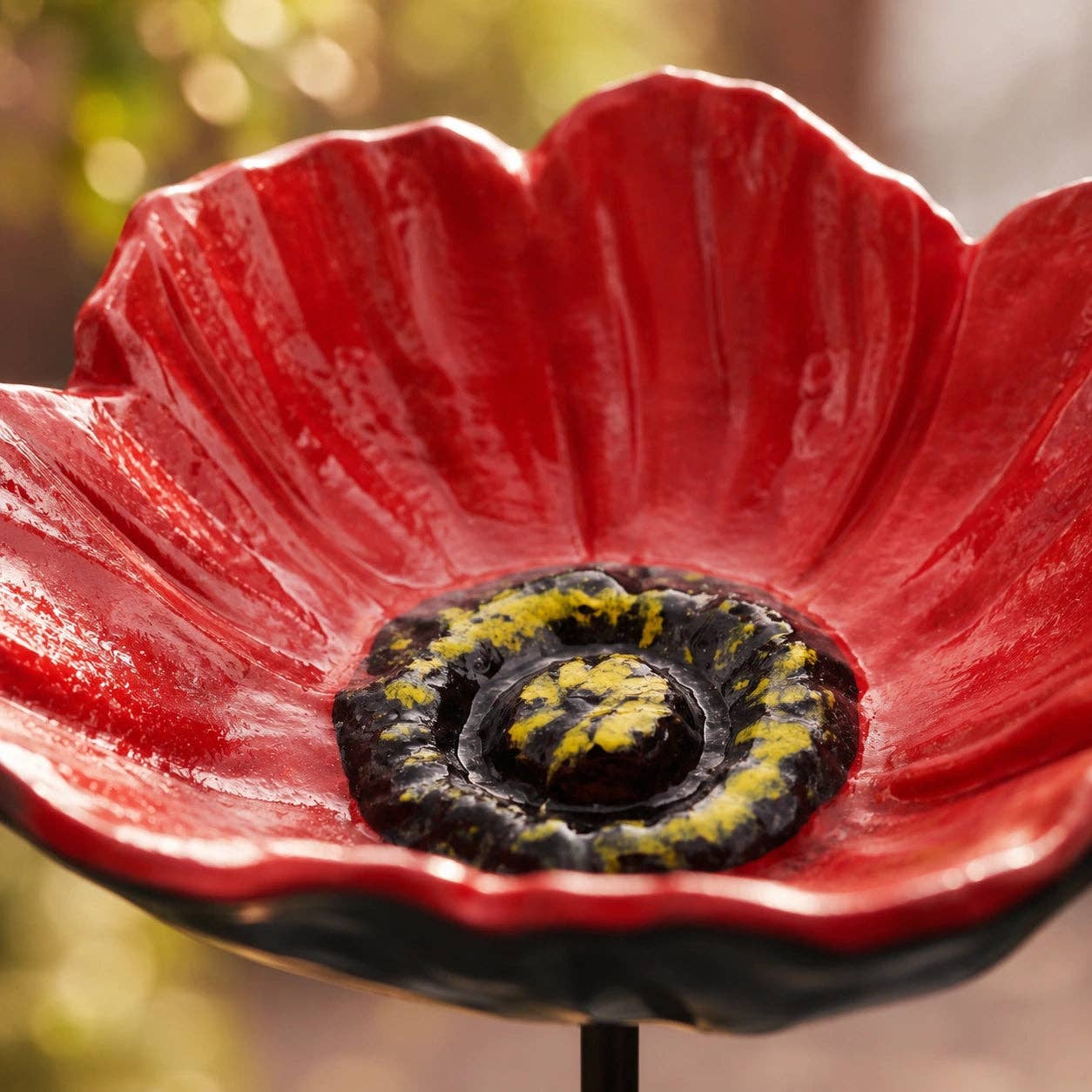 Poppy Bird Feeder and Bath, Red Cast Iron Garden Stake Outdoor Decor, 30"