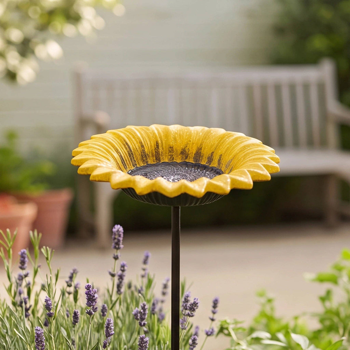 Sunflower Bird Feeder and Bath, Yellow Cast Iron Garden Stake, 30"