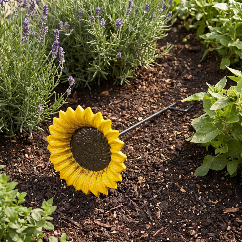 Sunflower Bird Feeder and Bath, Yellow Cast Iron Garden Stake, 30"