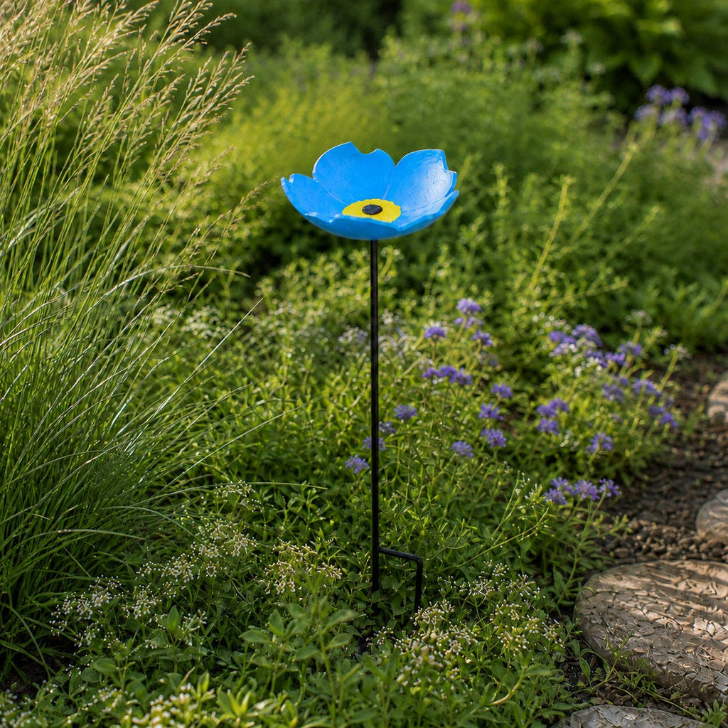 Forget-Me-Not Bird Feeder and Bath, Blue Cast Iron Garden Stake, 28.5"