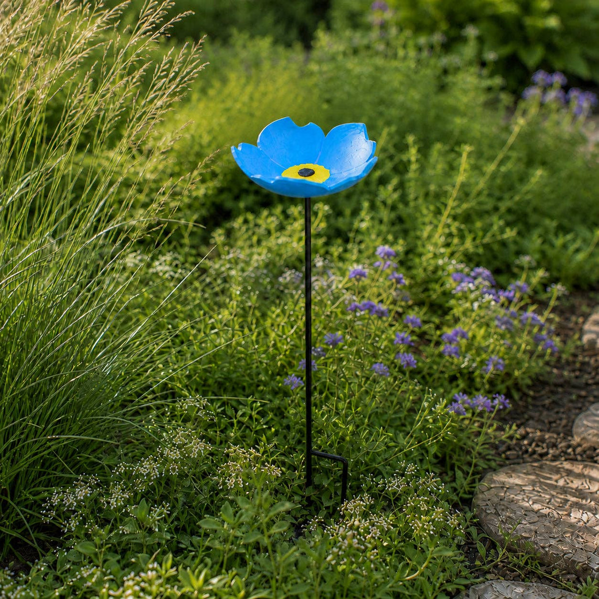Forget-Me-Not Bird Feeder and Bath, Blue Cast Iron Garden Stake, 28.5"