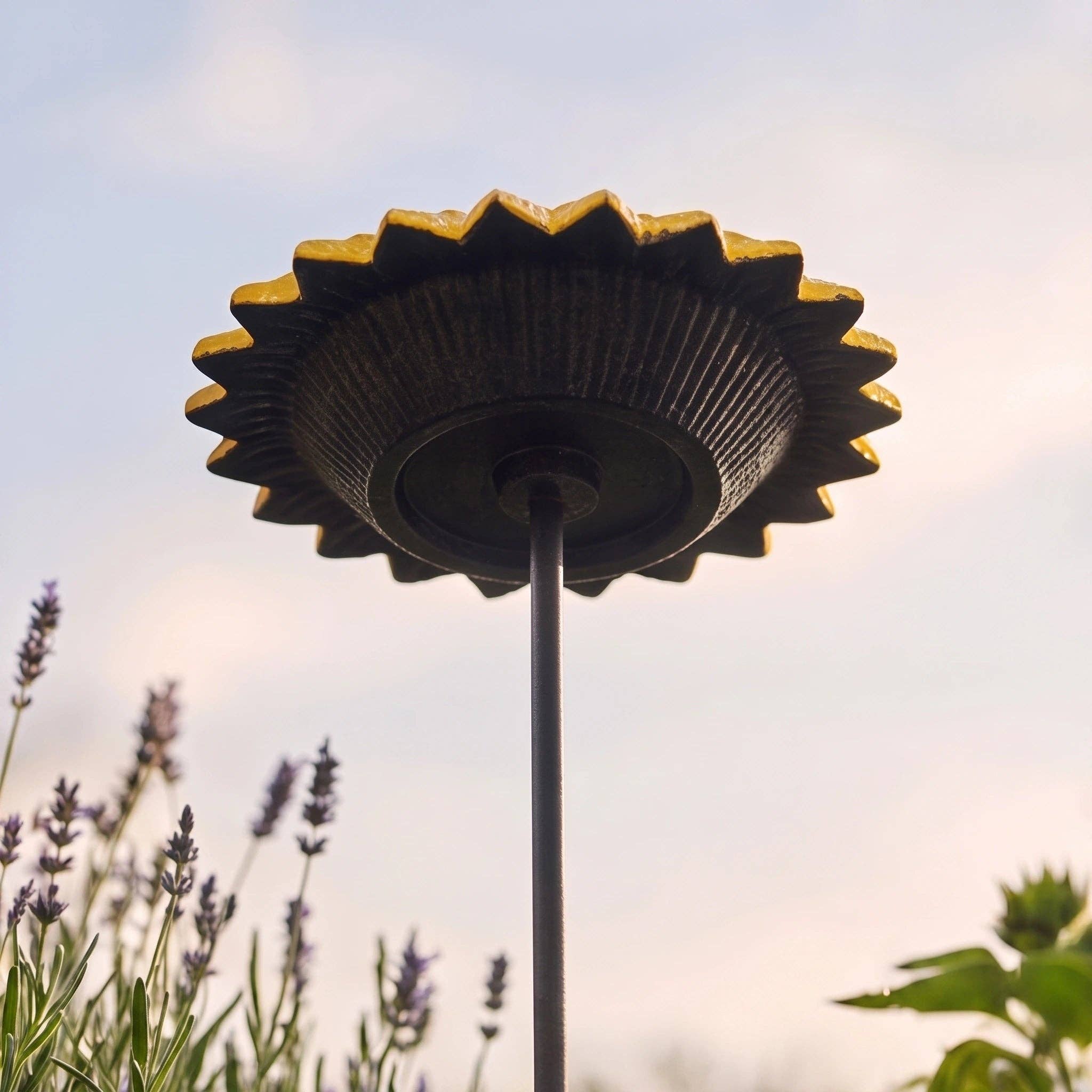 Sunflower Bird Feeder and Bath, Yellow Cast Iron Garden Stake, 30"