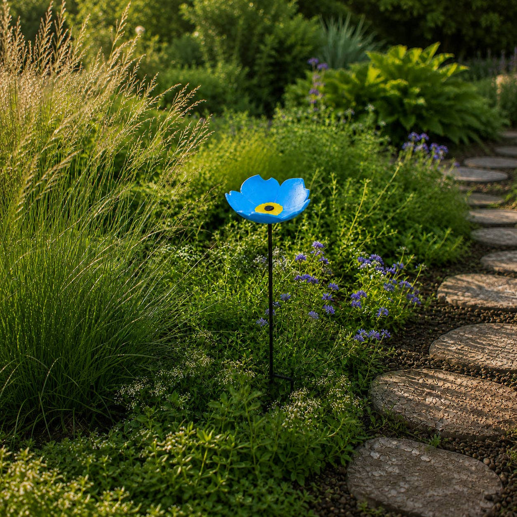 Forget-Me-Not Bird Feeder and Bath, Blue Cast Iron Garden Stake, 28.5"