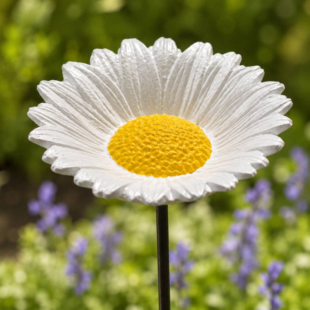 Daisy Bird Feeder and Bath, White Cast Iron Garden Stake, 28.5"